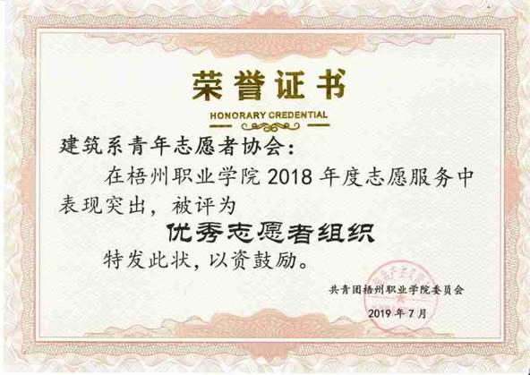 201907 建筑系青年志愿者协会在2018年度志愿服务中被评为“优秀志愿者组织”